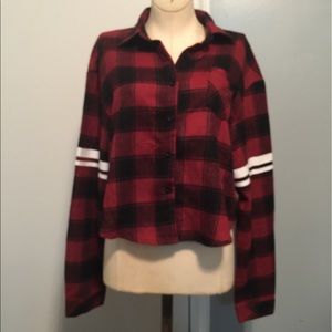 Shein red & black plaid crop top with long sleeve